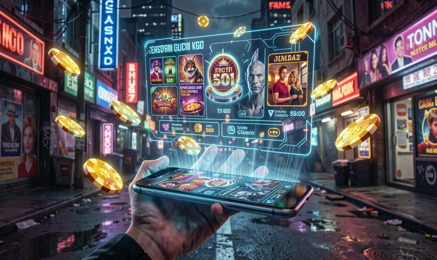 Hand holding a smartphone with colorful casino coins rising from the screen showing the immersive EQ668 mobile casino app experience in Pakistan