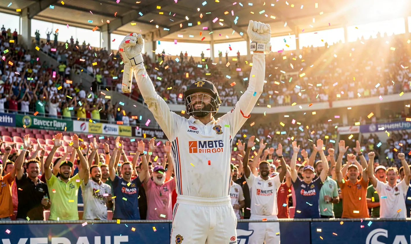 EQ668 Bet – Experience the thrill of live cricket betting in Pakistan Excited cricket player celebrating a key moment on the field with raised arms and cheering fans showcasing thrilling live betting action on EQ668 in Pakistan
