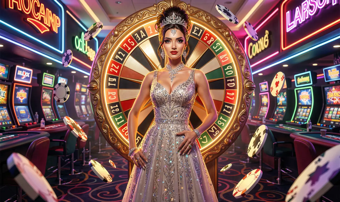 EQ668 – Discover rewarding casino bonuses and exclusive offers in Pakistan A stunning woman in a glittering dress posing before a vibrant roulette wheel with floating casino chips highlighting the excitement and rewards of EQ668 casino bonuses in Pakistan