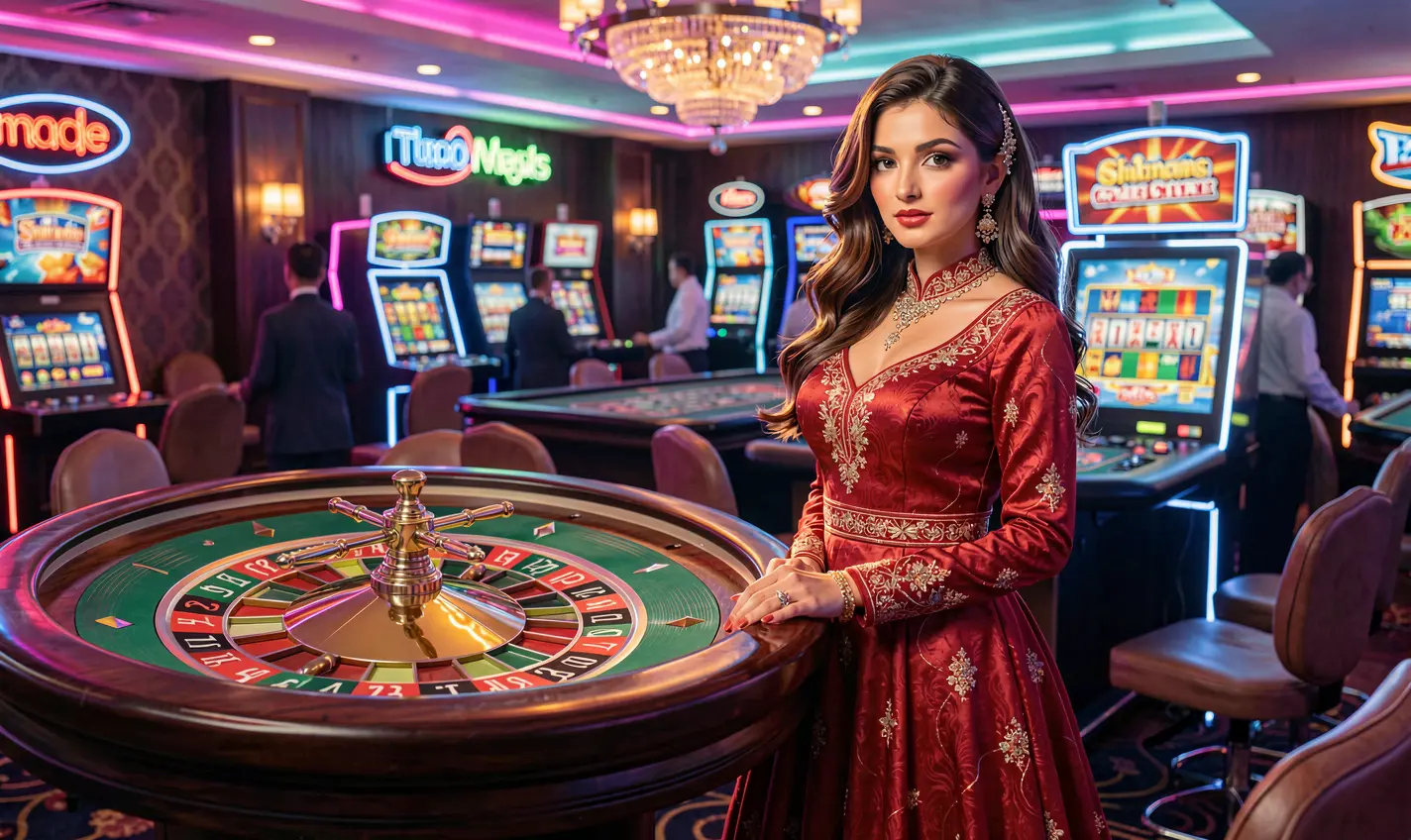 EQ668 – Discover an elegant live casino experience for players in Pakistan Confident woman in an elegant red dress standing near a glowing roulette table in a vibrant casino atmosphere showcasing the premium gaming experience at EQ668 in Pakistan