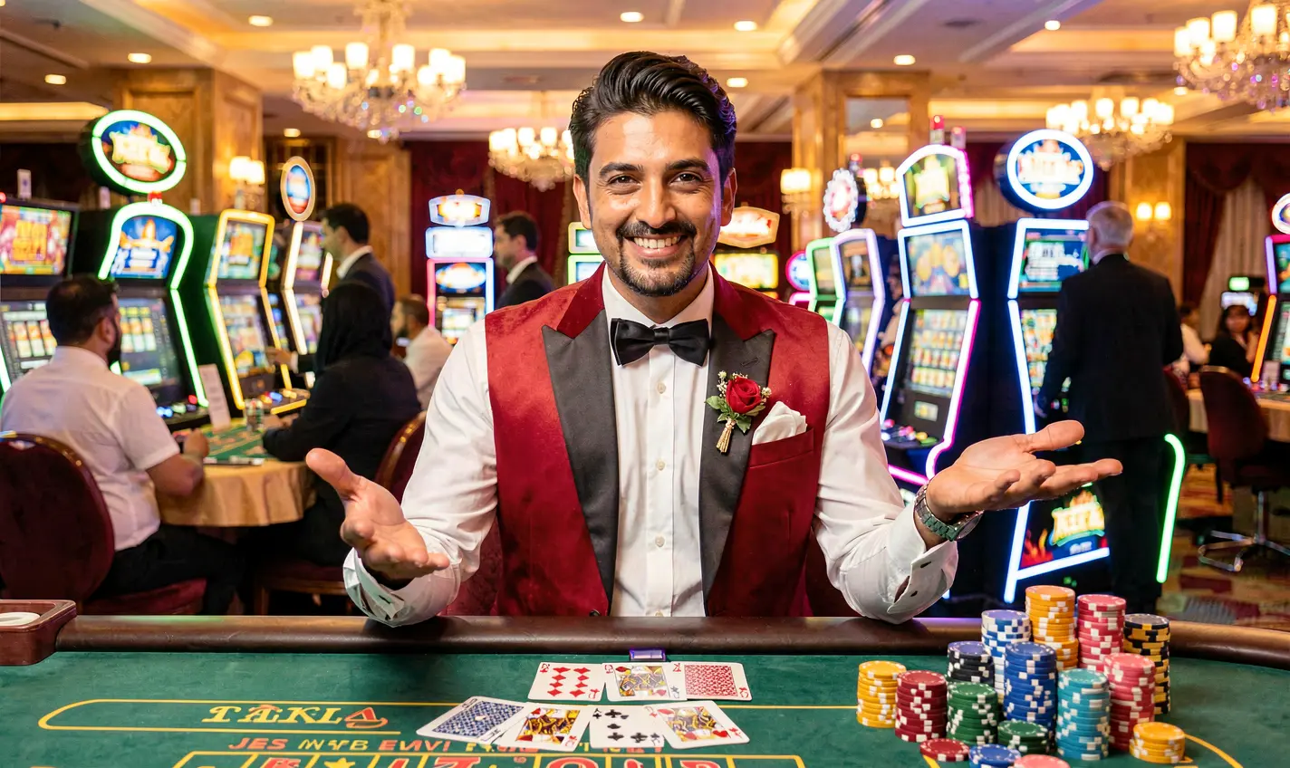 Confident Pakistani casino dealer welcoming players to the EQ668 sign in experience with a glowing gaming table and stacked chips