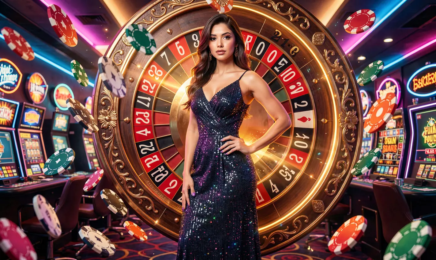 A glamorous woman in a sparkling evening dress standing before a glowing roulette wheel with flying chips symbolizing luxury casino entertainment at EQ668 for players in Pakistan