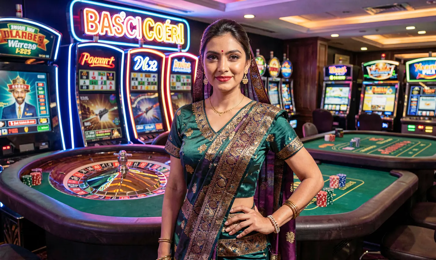 Professional live casino dealer standing at a roulette table with vibrant neon lights highlighting the immersive EQ668 casino experience for players in Pakistan