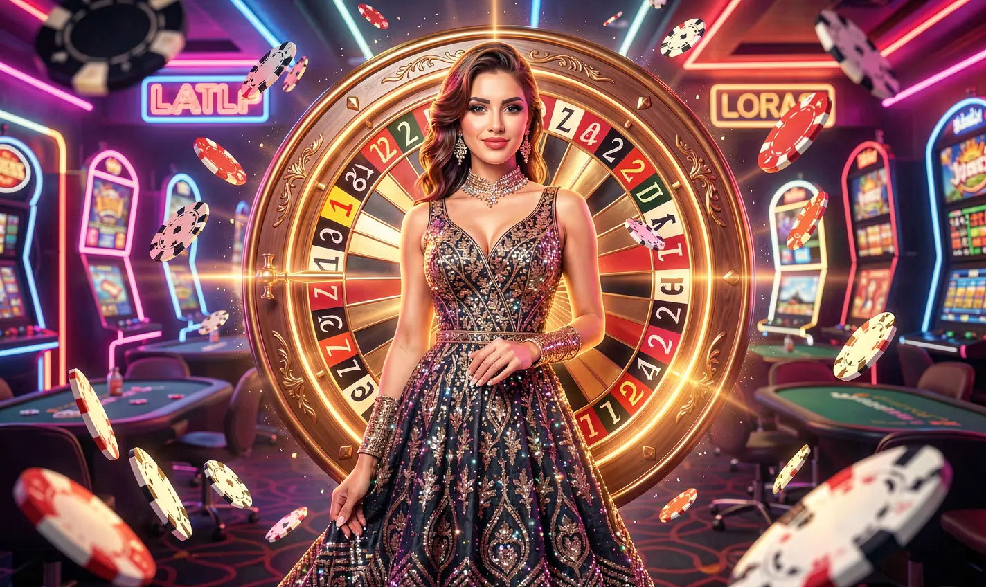 A glamorous woman in a sparkling evening dress posing confidently before a vibrant roulette wheel with flying casino chips symbolizing excitement and premium gaming at EQ668 Pakistan